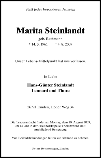 Traueranzeige von Marita Steinlandt von Neue Osnabrücker Zeitung GmbH & Co. KG