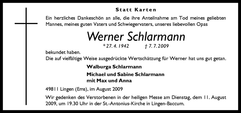  Traueranzeige für Werner Schlarmann vom 08.08.2009 aus Neue Osnabrücker Zeitung GmbH & Co. KG