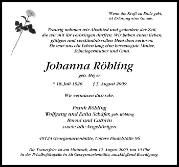 Traueranzeige von Johanna Röhling von Neue Osnabrücker Zeitung GmbH & Co. KG