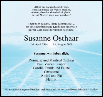 Traueranzeige von Susanne Osthaar von Neue Osnabrücker Zeitung GmbH & Co. KG