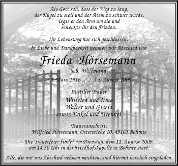 Traueranzeige von Frieda Hörsemann von Neue Osnabrücker Zeitung GmbH & Co. KG