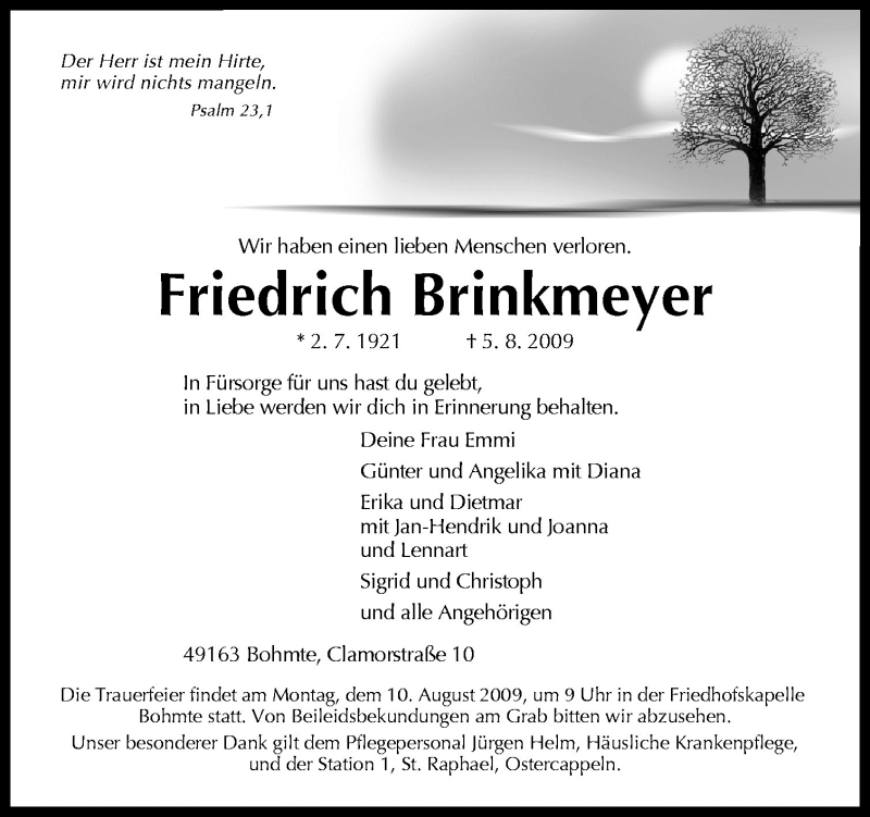  Traueranzeige für Friedrich Brinkmeyer vom 07.08.2009 aus Neue Osnabrücker Zeitung GmbH & Co. KG