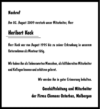 Traueranzeige von Heribert Kock von Neue Osnabrücker Zeitung GmbH & Co. KG