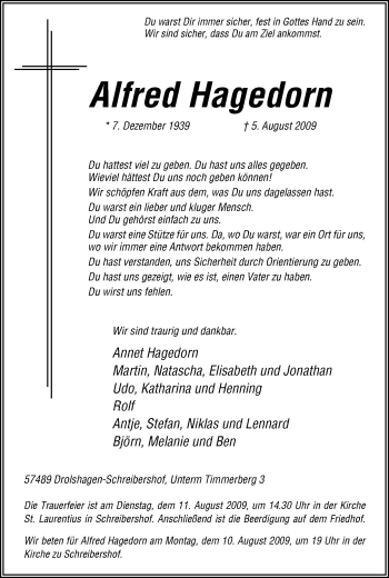 Traueranzeige von Alfred Hagedorn von Neue Osnabrücker Zeitung GmbH & Co. KG