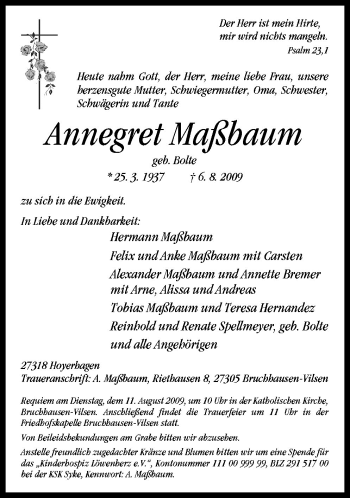 Traueranzeige von Annegret Maßbaum von Neue Osnabrücker Zeitung GmbH & Co. KG