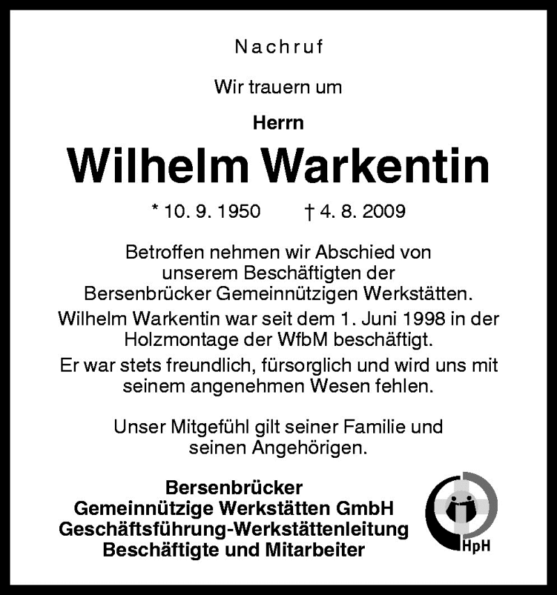  Traueranzeige für Wilhelm Warkentin vom 08.08.2009 aus Neue Osnabrücker Zeitung GmbH & Co. KG