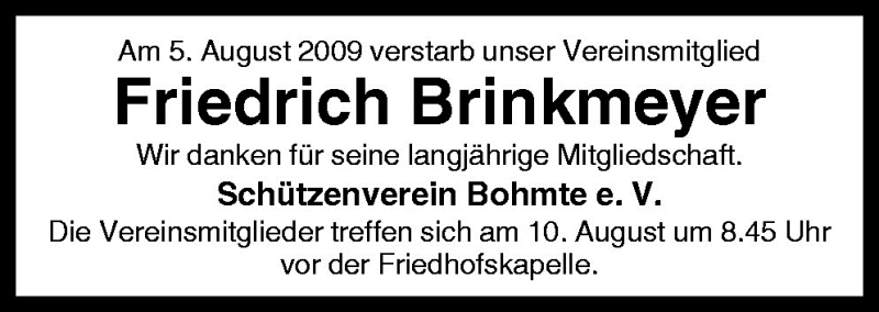 Traueranzeige für Friedrich Brinkmeyer vom 08.08.2009 aus Neue Osnabrücker Zeitung GmbH & Co. KG