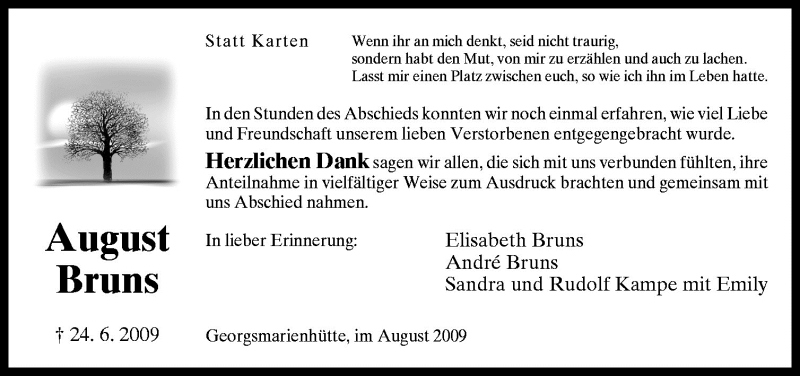  Traueranzeige für August Bruns vom 08.08.2009 aus Neue Osnabrücker Zeitung GmbH & Co. KG