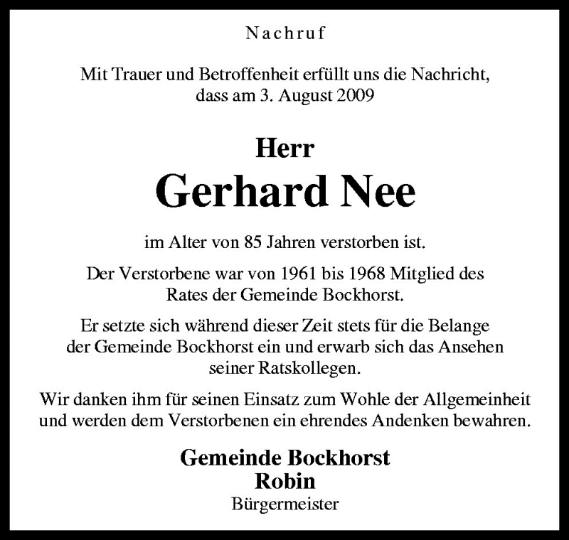  Traueranzeige für Gerhard Nee vom 10.08.2009 aus Neue Osnabrücker Zeitung GmbH & Co. KG