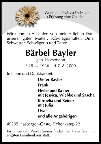 Traueranzeige von Bärbel Bayler von Neue Osnabrücker Zeitung GmbH & Co. KG