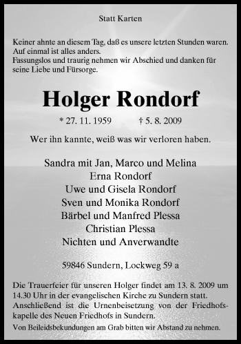 Traueranzeige von Rondorf Holger von Neue Osnabrücker Zeitung GmbH & Co. KG