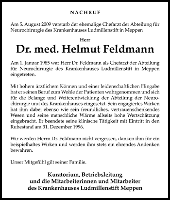 Traueranzeige von Helmut Feldmann von Neue Osnabrücker Zeitung GmbH & Co. KG