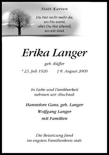 Traueranzeige von Erika Langer von Neue Osnabrücker Zeitung GmbH & Co. KG