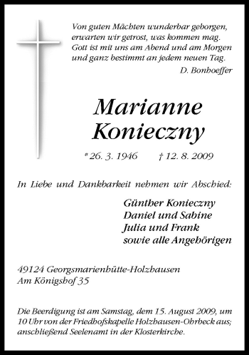 Traueranzeige von Marianne Konieczny von Neue Osnabrücker Zeitung GmbH & Co. KG