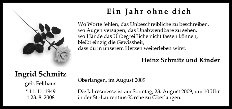 Traueranzeige für Ingrid Schmitz vom 20.08.2009 aus Neue Osnabrücker Zeitung GmbH & Co. KG