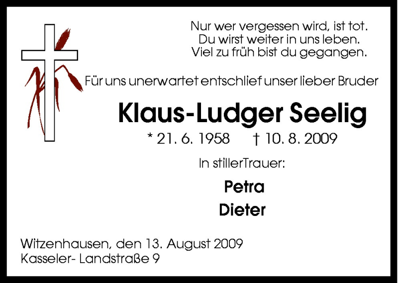  Traueranzeige für Klaus Seelig vom 17.08.2009 aus Neue Osnabrücker Zeitung GmbH & Co. KG