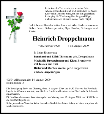 Traueranzeige von Heinrich Droppelmann von Neue Osnabrücker Zeitung GmbH & Co. KG