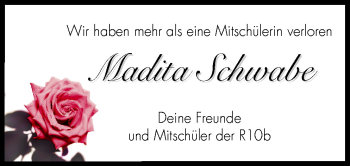 Traueranzeige von Madita Schwabe von Neue Osnabrücker Zeitung GmbH & Co. KG