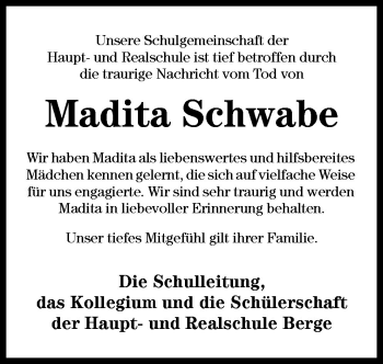 Traueranzeige von Madita Schwabe von Neue Osnabrücker Zeitung GmbH & Co. KG