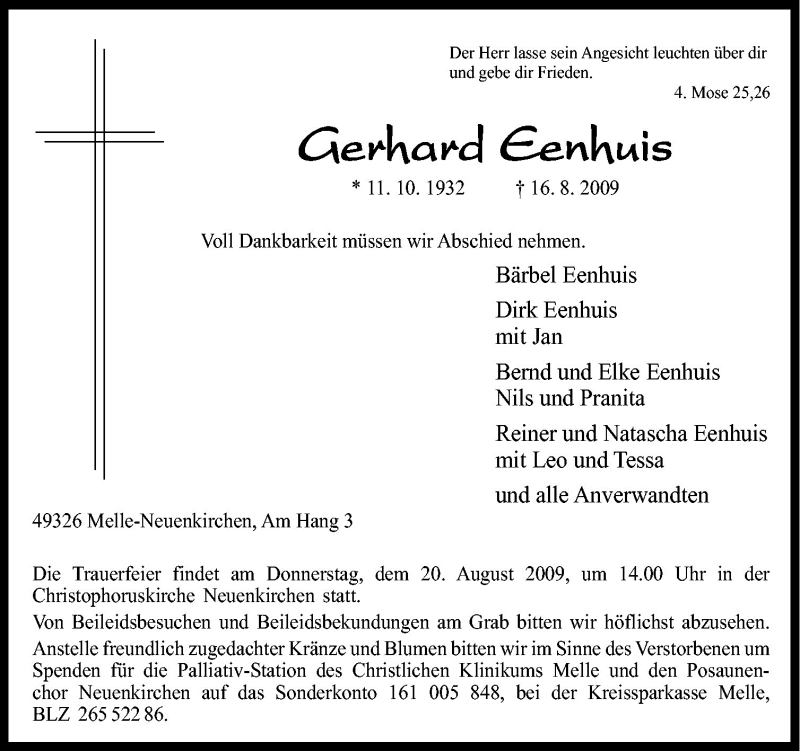  Traueranzeige für Gerhard Eenhuis vom 18.08.2009 aus Neue Osnabrücker Zeitung GmbH & Co. KG