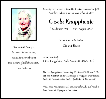 Traueranzeige von Gisela Knappheide von Neue Osnabrücker Zeitung GmbH & Co. KG