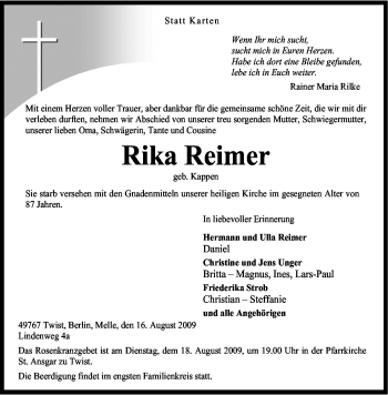 Traueranzeige von Rika Reimer von Neue Osnabrücker Zeitung GmbH & Co. KG