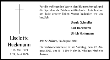 Traueranzeige von Liselotte Hackmann von Neue Osnabrücker Zeitung GmbH & Co. KG