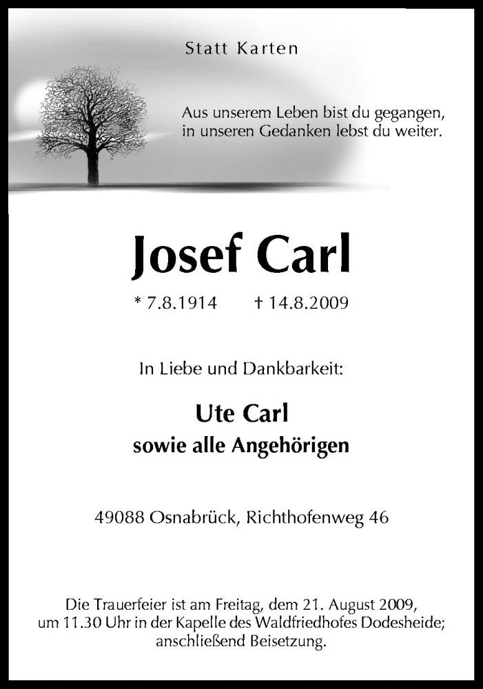  Traueranzeige für Josef Carl vom 19.08.2009 aus Neue Osnabrücker Zeitung GmbH & Co. KG