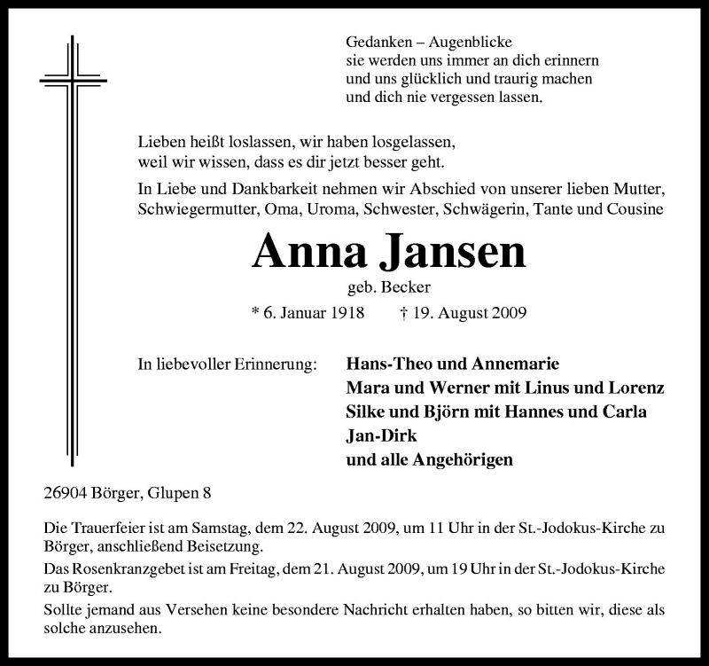  Traueranzeige für Anna Jansen vom 21.08.2009 aus Neue Osnabrücker Zeitung GmbH & Co. KG