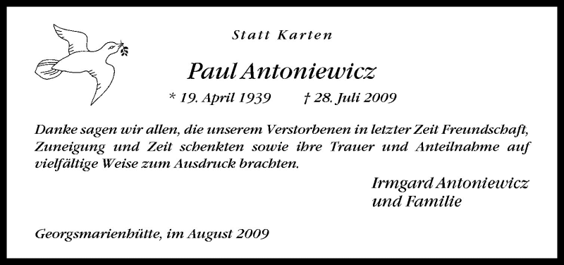  Traueranzeige für Paul Antoniewicz vom 22.08.2009 aus Neue Osnabrücker Zeitung GmbH & Co. KG