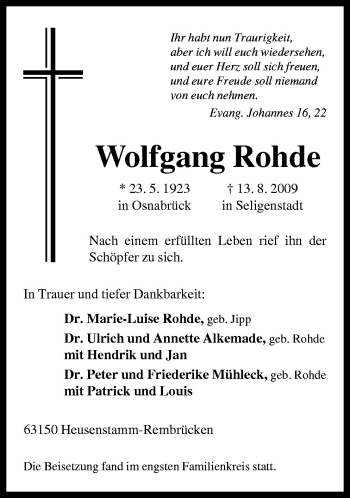 Traueranzeige von Wolfgang Rohde von Neue Osnabrücker Zeitung GmbH & Co. KG