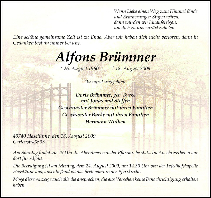  Traueranzeige für Alfons Brümmer vom 21.08.2009 aus Neue Osnabrücker Zeitung GmbH & Co. KG