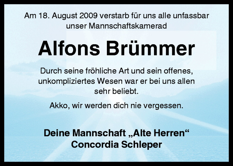  Traueranzeige für Alfons Brümmer vom 24.08.2009 aus Neue Osnabrücker Zeitung GmbH & Co. KG