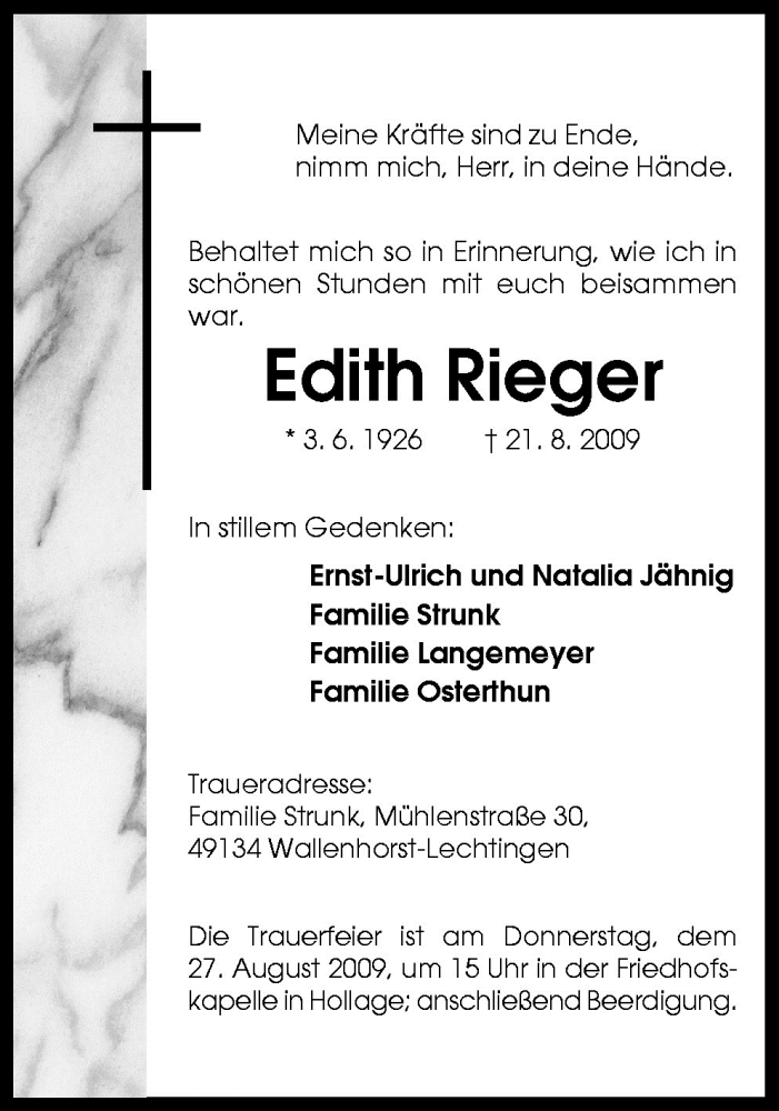  Traueranzeige für Edith Rieger vom 24.08.2009 aus Neue Osnabrücker Zeitung GmbH & Co. KG