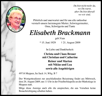 Traueranzeige von Elisabeth Brackmann von Neue Osnabrücker Zeitung GmbH & Co. KG
