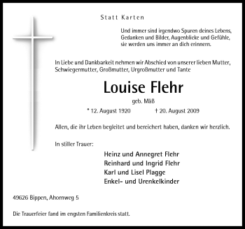 Traueranzeige von Flehr Louise von Neue Osnabrücker Zeitung GmbH & Co. KG