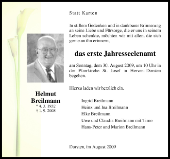 Traueranzeige von Helmut Breilmann von Neue Osnabrücker Zeitung GmbH & Co. KG