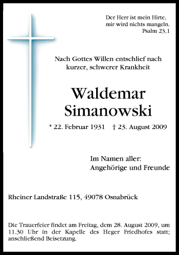 Traueranzeige von Simanowski Waldemar von Neue Osnabrücker Zeitung GmbH & Co. KG