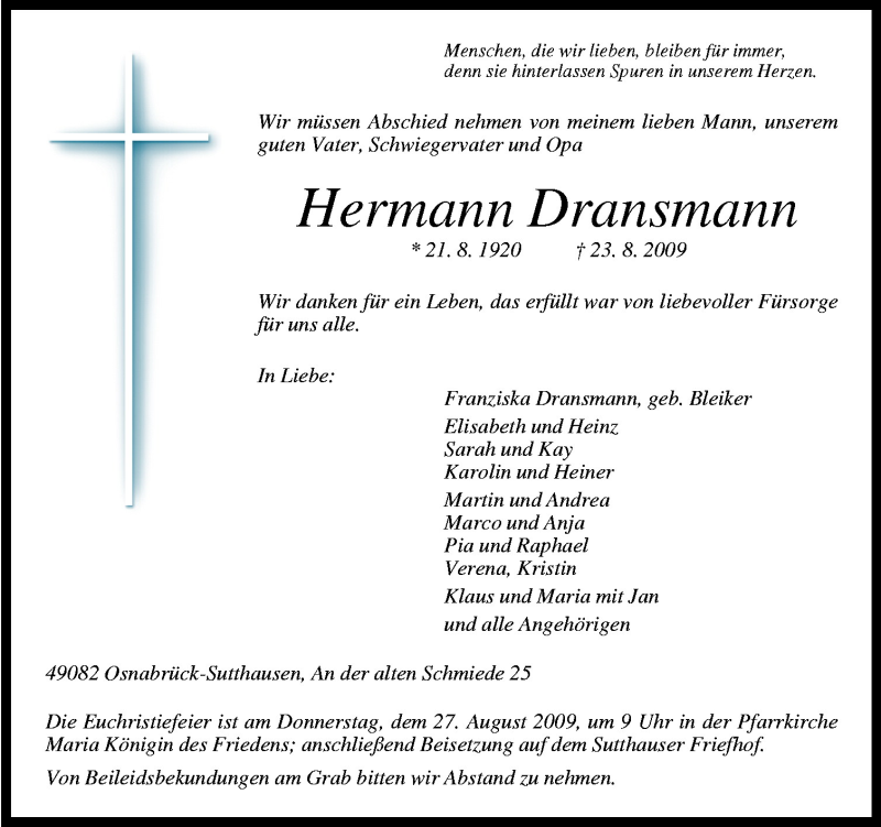  Traueranzeige für Hermann Dransmann vom 25.08.2009 aus Neue Osnabrücker Zeitung GmbH & Co. KG