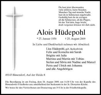 Traueranzeige von Alois Hüdepohl von Neue Osnabrücker Zeitung GmbH & Co. KG