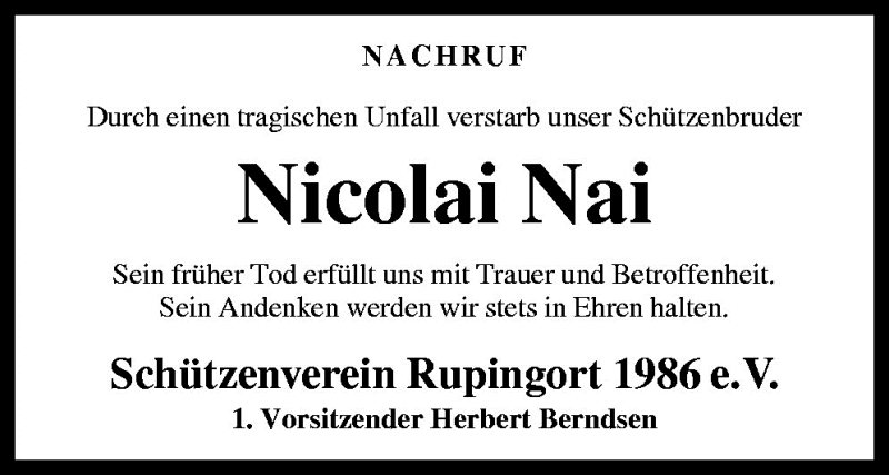  Traueranzeige für Nicolai Nai vom 31.08.2009 aus Neue Osnabrücker Zeitung GmbH & Co. KG