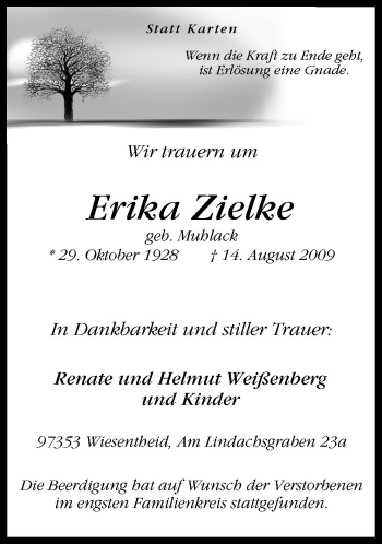 Traueranzeige von Erika Zielke von Neue Osnabrücker Zeitung GmbH & Co. KG
