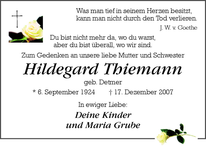  Traueranzeige für Hildegard Thiemann vom 05.09.2009 aus Neue Osnabrücker Zeitung GmbH & Co. KG