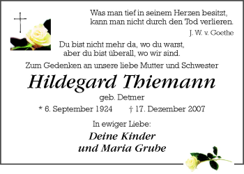 Traueranzeige von Hildegard Thiemann von Neue Osnabrücker Zeitung GmbH & Co. KG