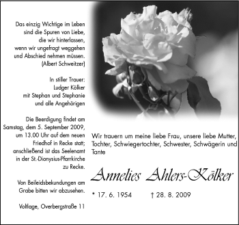 Traueranzeige von Annelies Ahlers-Kölker von Neue Osnabrücker Zeitung GmbH & Co. KG