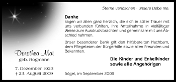 Traueranzeige von Dorothea Mai von Neue Osnabrücker Zeitung GmbH & Co. KG