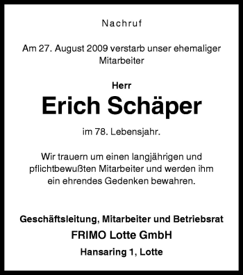 Traueranzeige von Erich Schäper von Neue Osnabrücker Zeitung GmbH & Co. KG