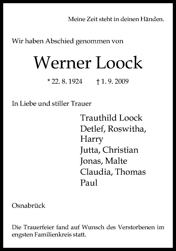  Traueranzeige für Werner Loock vom 05.09.2009 aus Neue Osnabrücker Zeitung GmbH & Co. KG