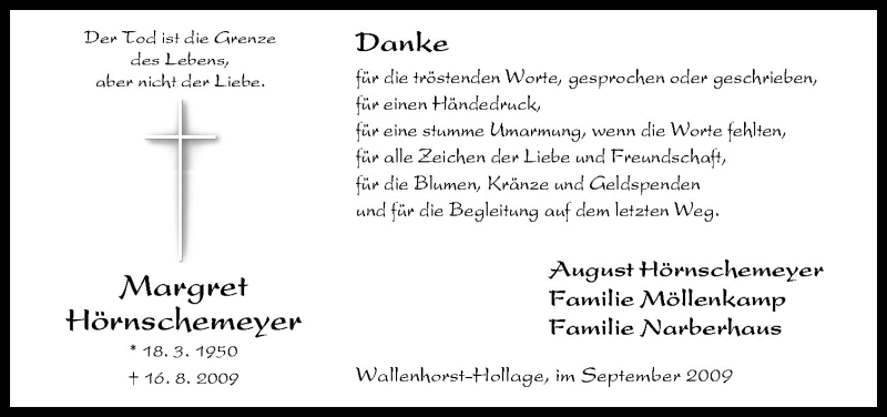  Traueranzeige für Margret Hörnschemeyer vom 05.09.2009 aus Neue Osnabrücker Zeitung GmbH & Co. KG
