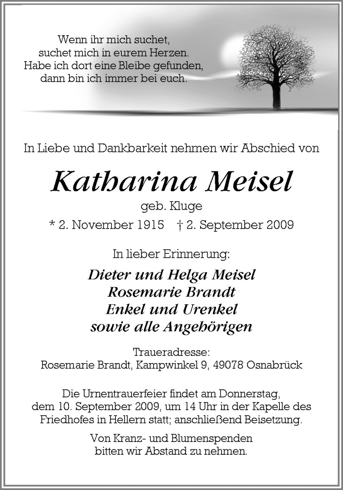  Traueranzeige für Katharina Meisel vom 05.09.2009 aus Neue Osnabrücker Zeitung GmbH & Co. KG